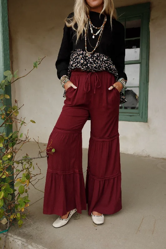 Rebel Heart Tiered Pants - Burgundy