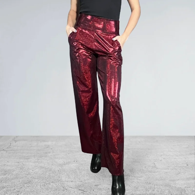 Dark Red Burgundy Sparkle Straight Wide Leg Relaxed Fit Pants - Optional Pockets