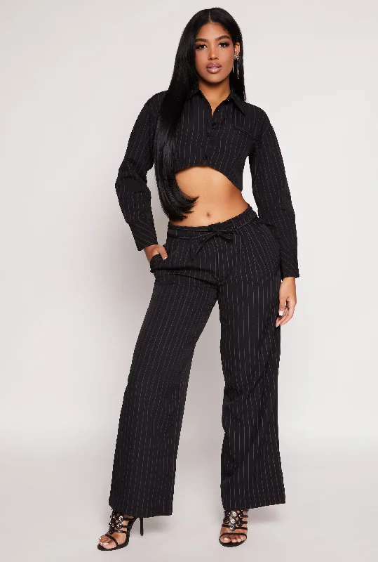 Tie Waist Belted Pinstripe Pants