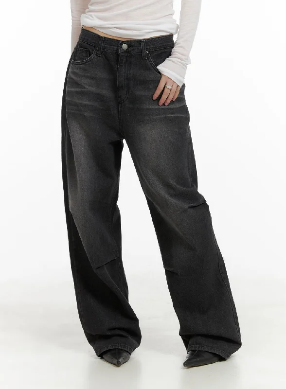 Pintuck Washed Denim Wide Leg Jeans CA419