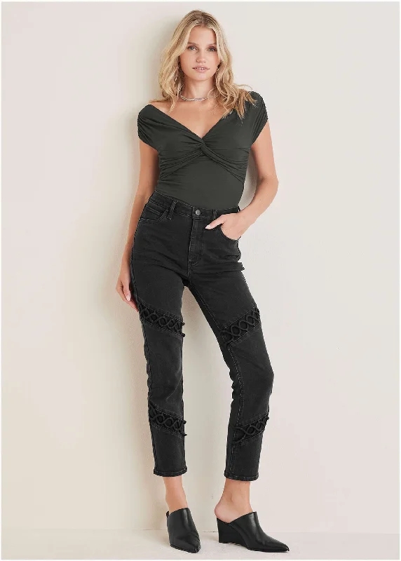 Braided Straight Leg Jeans - Black Wash