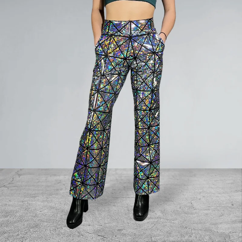 Silver on Black Glass Pane Holographic Straight Wide Leg Relaxed Fit Pants