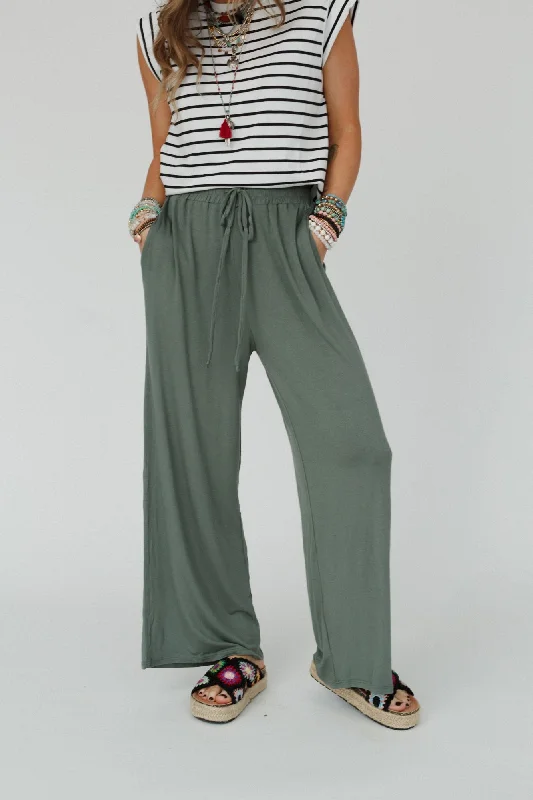 The Nest Forever Comfy Drawstring Wide Leg Pants - Light Olive