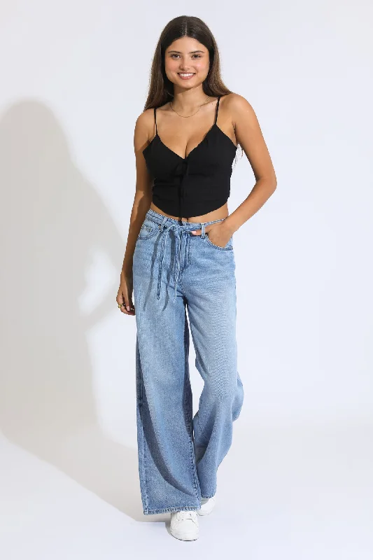 Belted Baggy Wide Leg Jeans - Medium Indigo