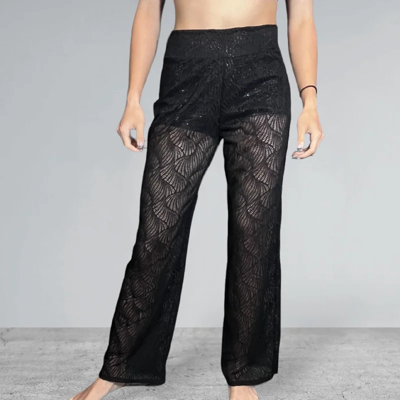 Black Beach Wave Mesh Wide Straight Wide Leg Relaxed Fit Pants