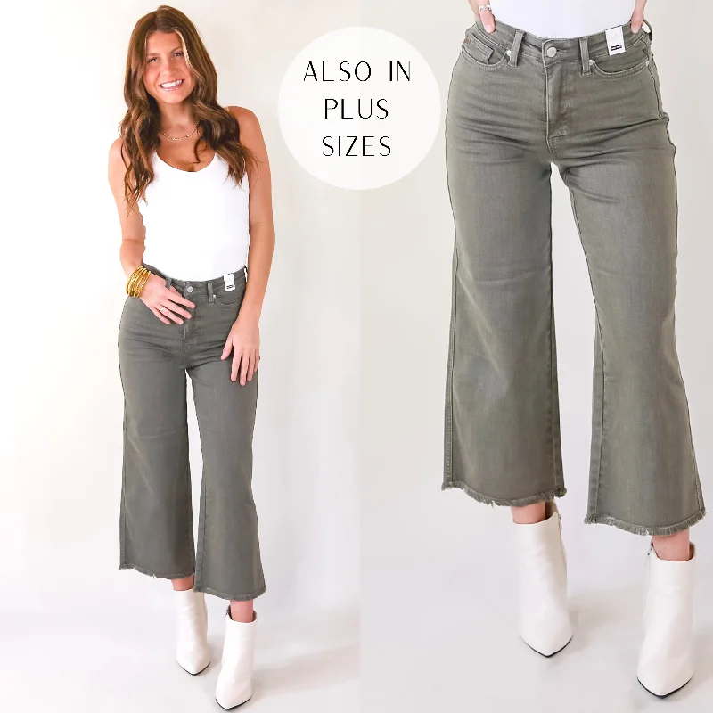 Last Chance Size 0 | Judy Blue | Sign Me Up Tummy Control Cropped Wide Leg Jeans in Olive Green