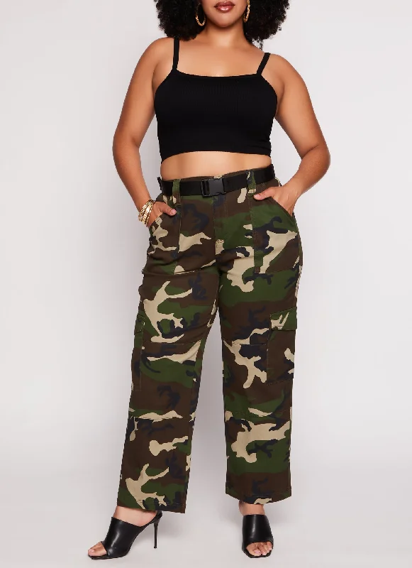 Plus Size Camo Belted Wide Leg Cargo Pants