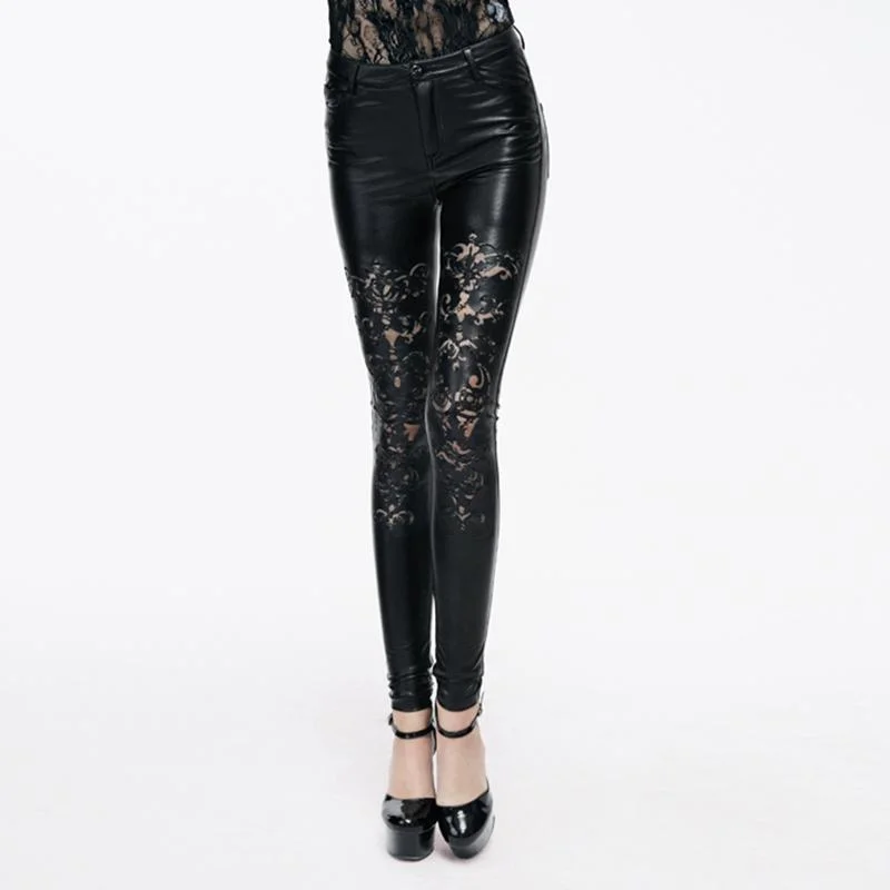 Women's Cutwork Design Faux Leather Punk Trousers