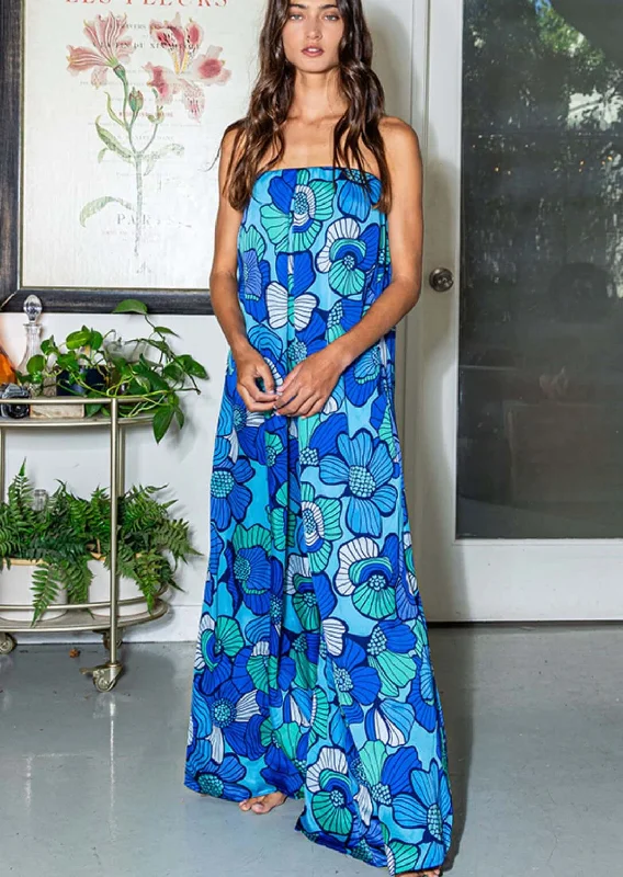 A Blue Floral Resort Wear Strapless Jumpsuit Made in USA by Bucket List