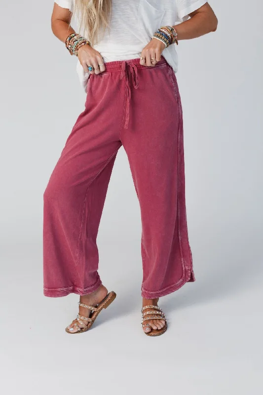 So Comfy Wide Leg Pant Cropped Length - Burgundy