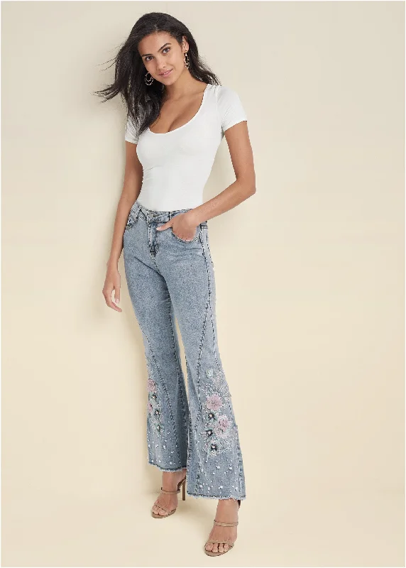 Floral Applique Jeans - Light Wash