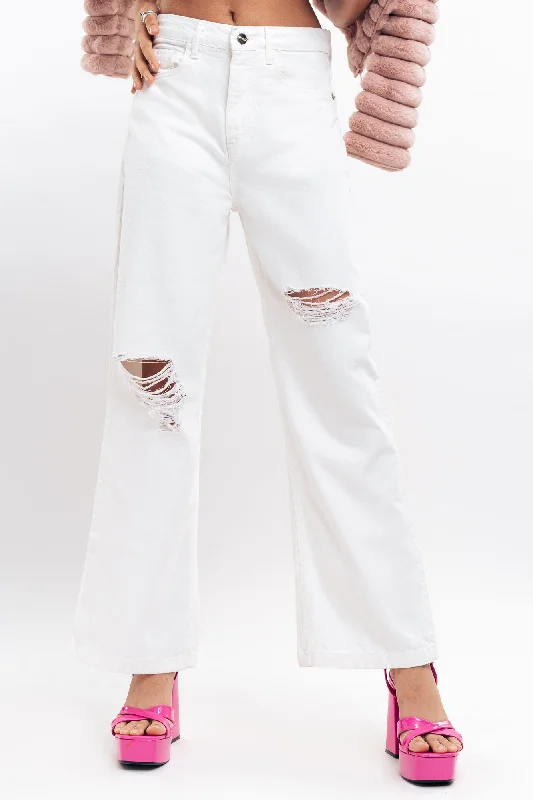 White Distressed Wide Leg Jeans