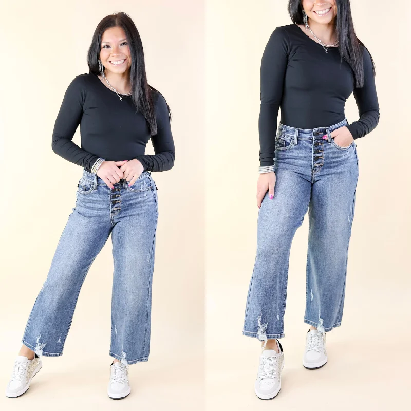 Last Chance Size 1, 14W, 20W, 22W & 24W | Judy Blue | Trend Setter Button Fly Cropped Wide Leg Jeans in Medium Wash