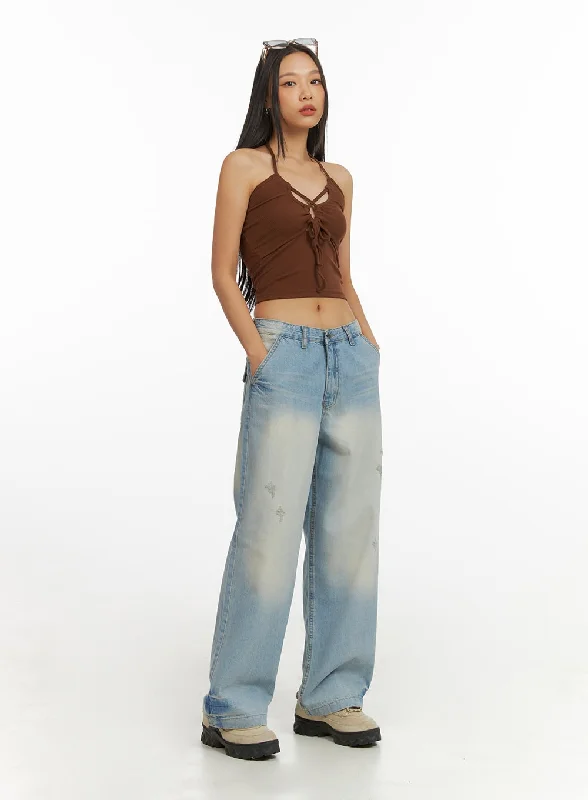 Washed Denim Wide Leg Jeans IY422