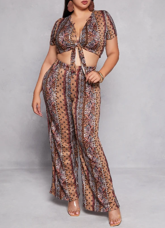 Plus Size Border Print High Waist Wide Leg Pants