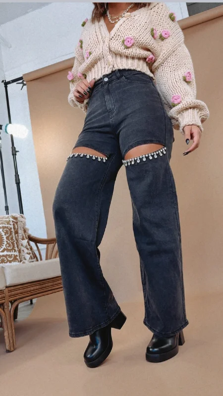 Here To Shine Rhinestone Slit Wide Leg Jeans, Black