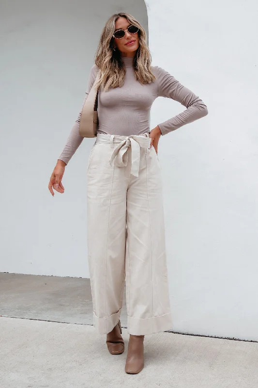 Belted Wide Leg Cuffed Pants - Natural - FINAL SALE