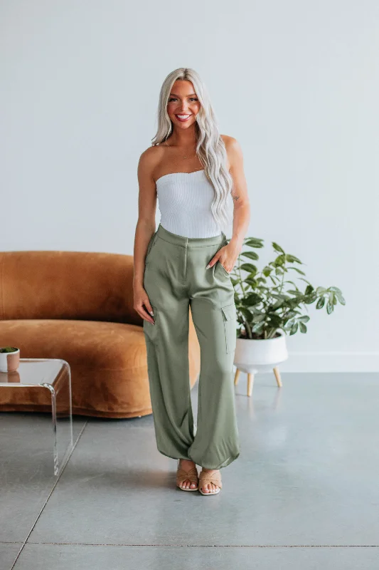 Adara Satin Cargo Pants - Olive